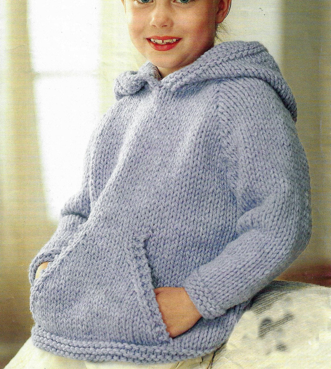 Children's Oversize Hooded Sweater & V neck jumper Easy Knitting Pattern with pocket- Chunky Bulky 12 ply Fits  22-32