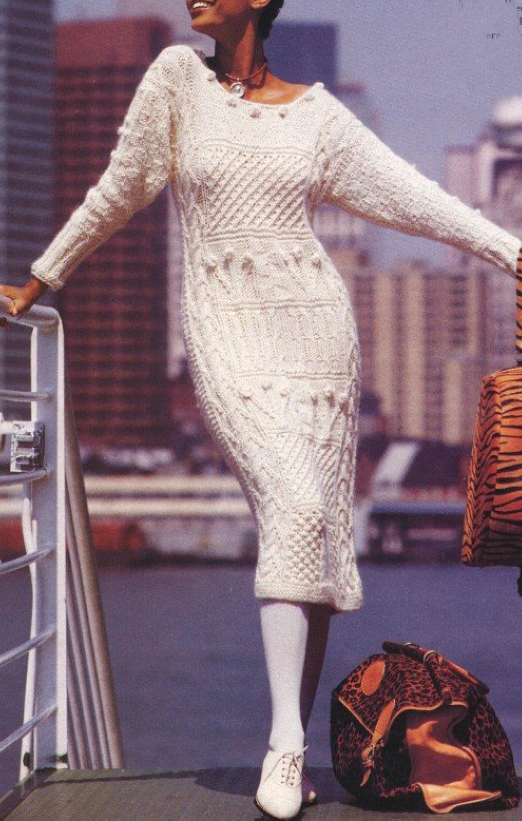 Woman's Long loose fit Aran Sampler Knitted Dress Long sleeved round neck- Chunky Bulky 12 ply 34