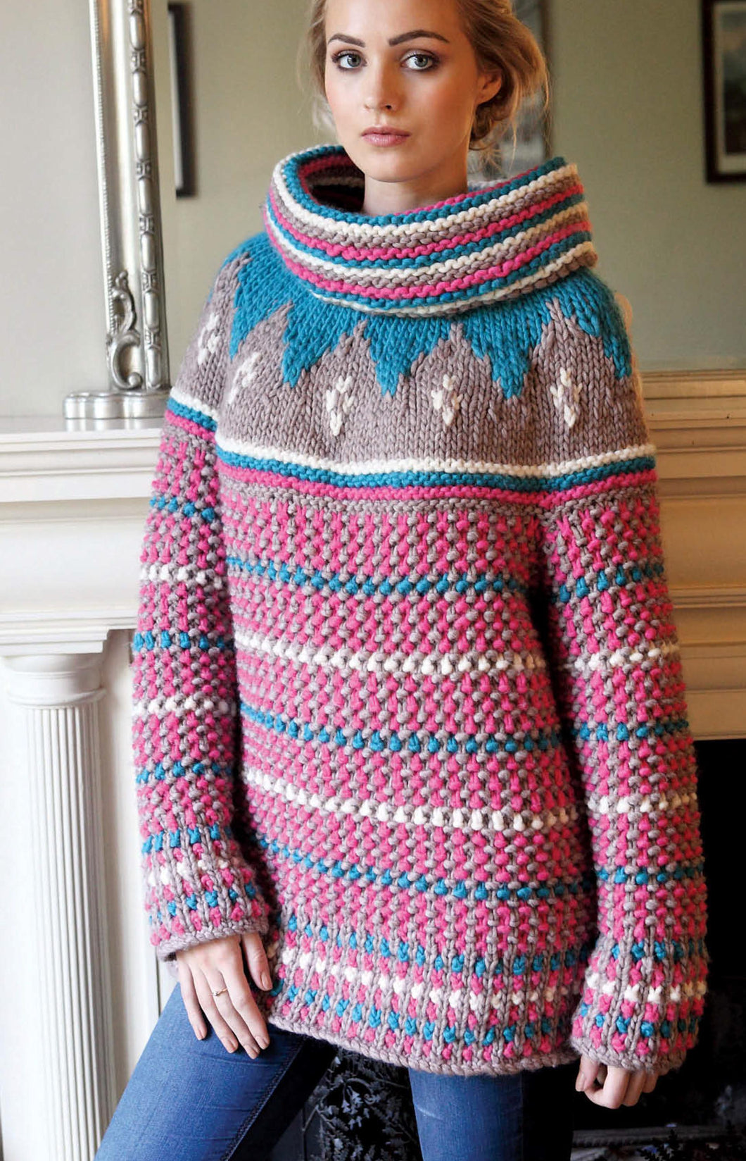 Womens Bright Nordic Chunky sweater  With Big roll neck collar 32