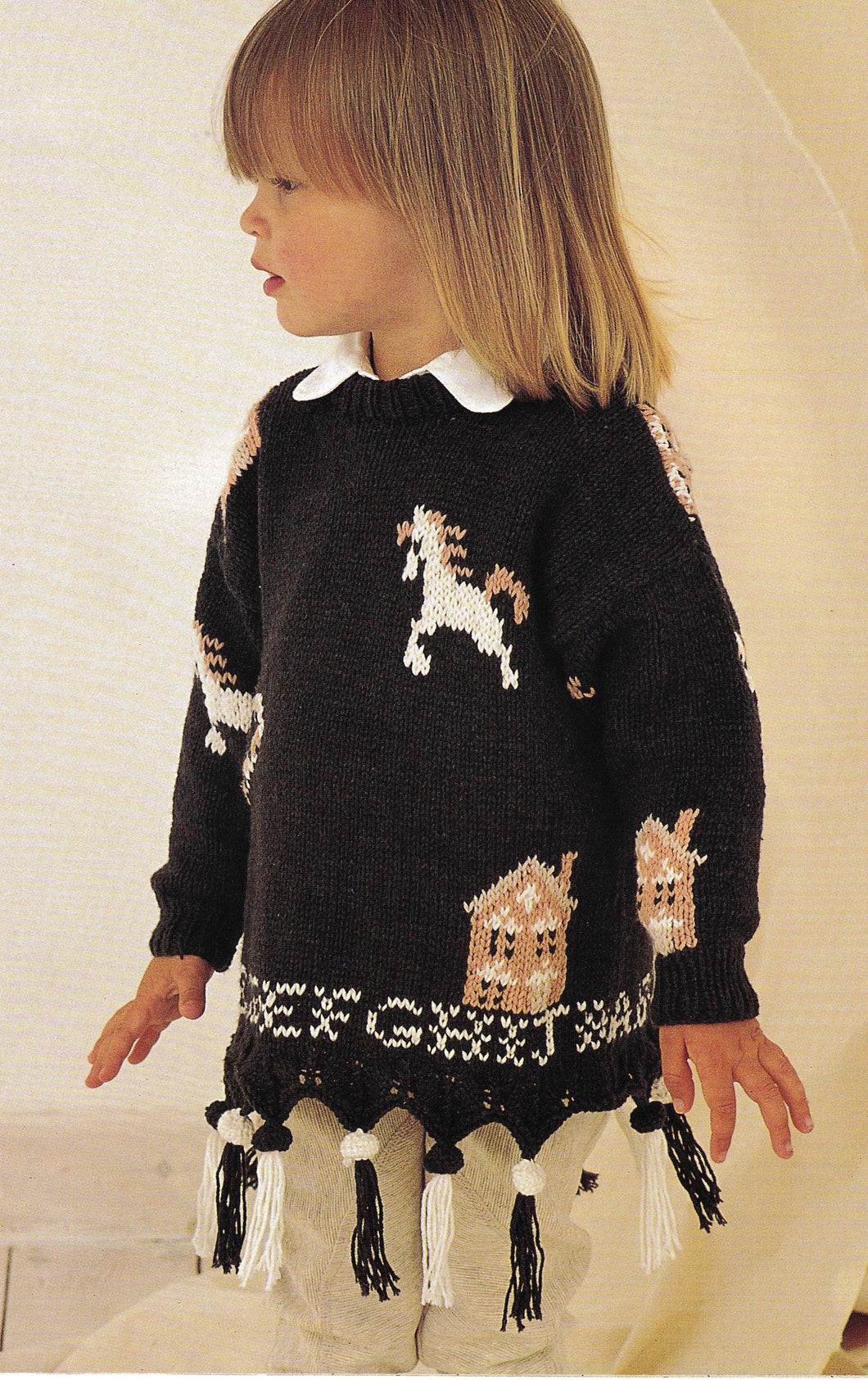 Girls Fringed Horse- House- Heart- motif sweater- Jumper- Round Neck - Cotton DK -8 ply- fits 20 - 30