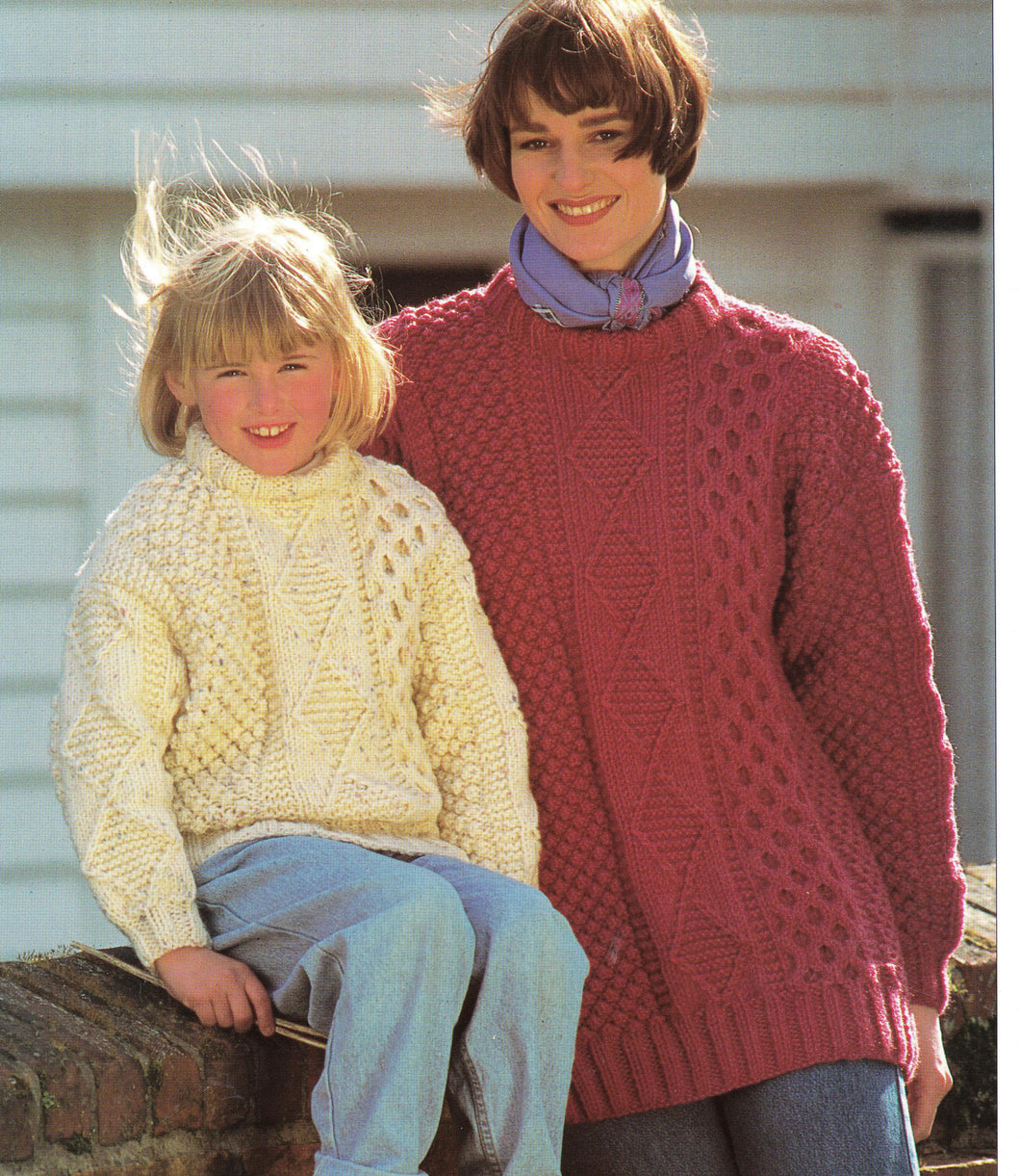 Woman's Childs Chunk Drop sleeved Cable Aran style Round Neck sweater Chunky- Bulky 12ply yarn- 24-42