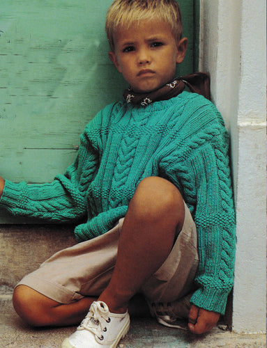 Boy's Oversize Round Neck Cable drop sleeved sweater Knitting Pattern DK (8PLY) yarn-fits chest 28-36
