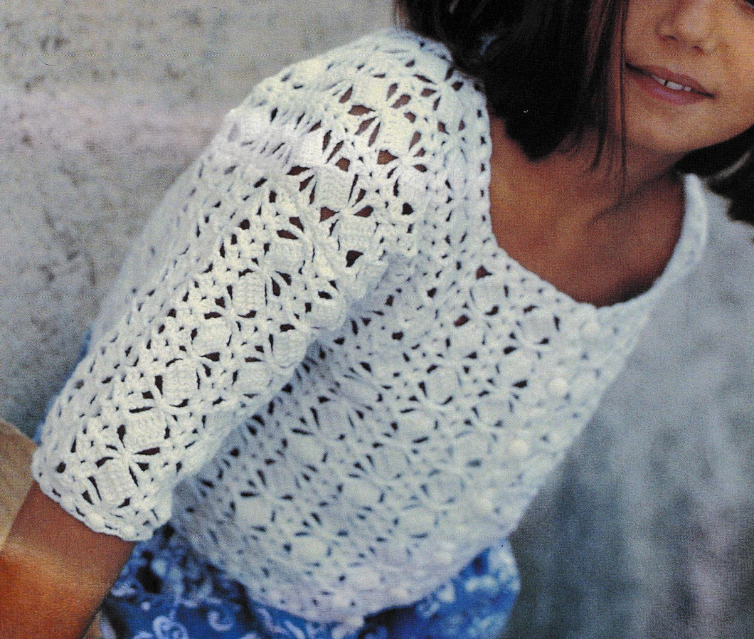 Girl's Crochet Cropped SummerSweater-3/4 sleeves-  4ply  Fingering yarn Download PDF Fits- 6 - 12 years (30-36