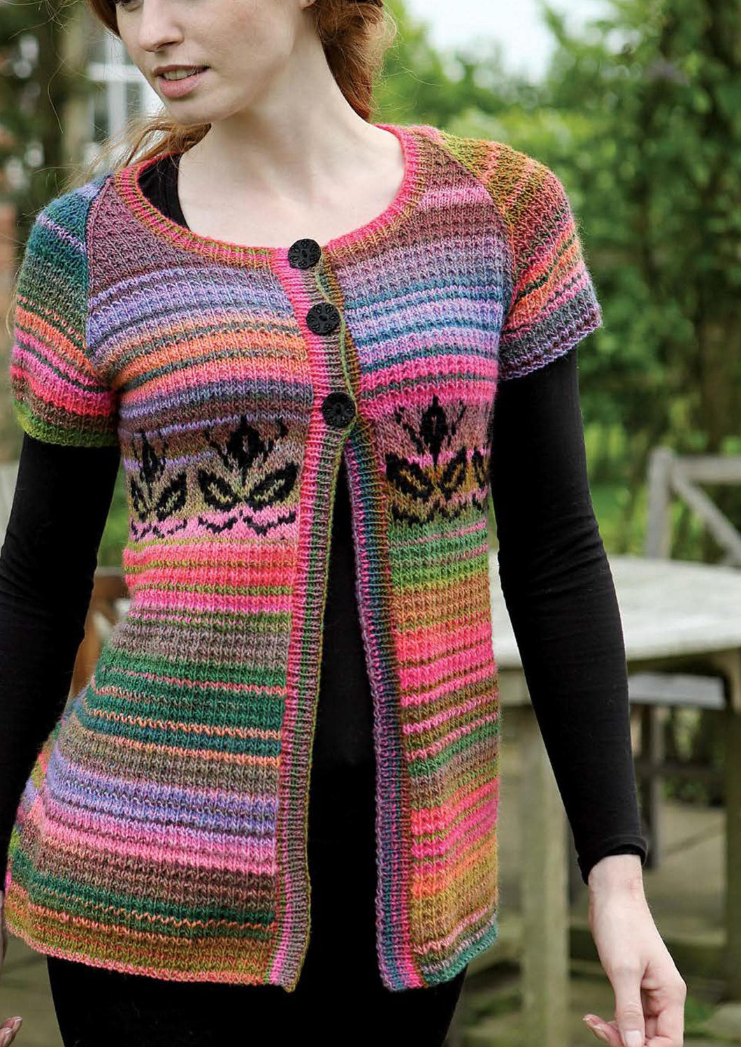 Woman's Short sleeved Raglan Cardigan-Flower fair Isle pattern  32