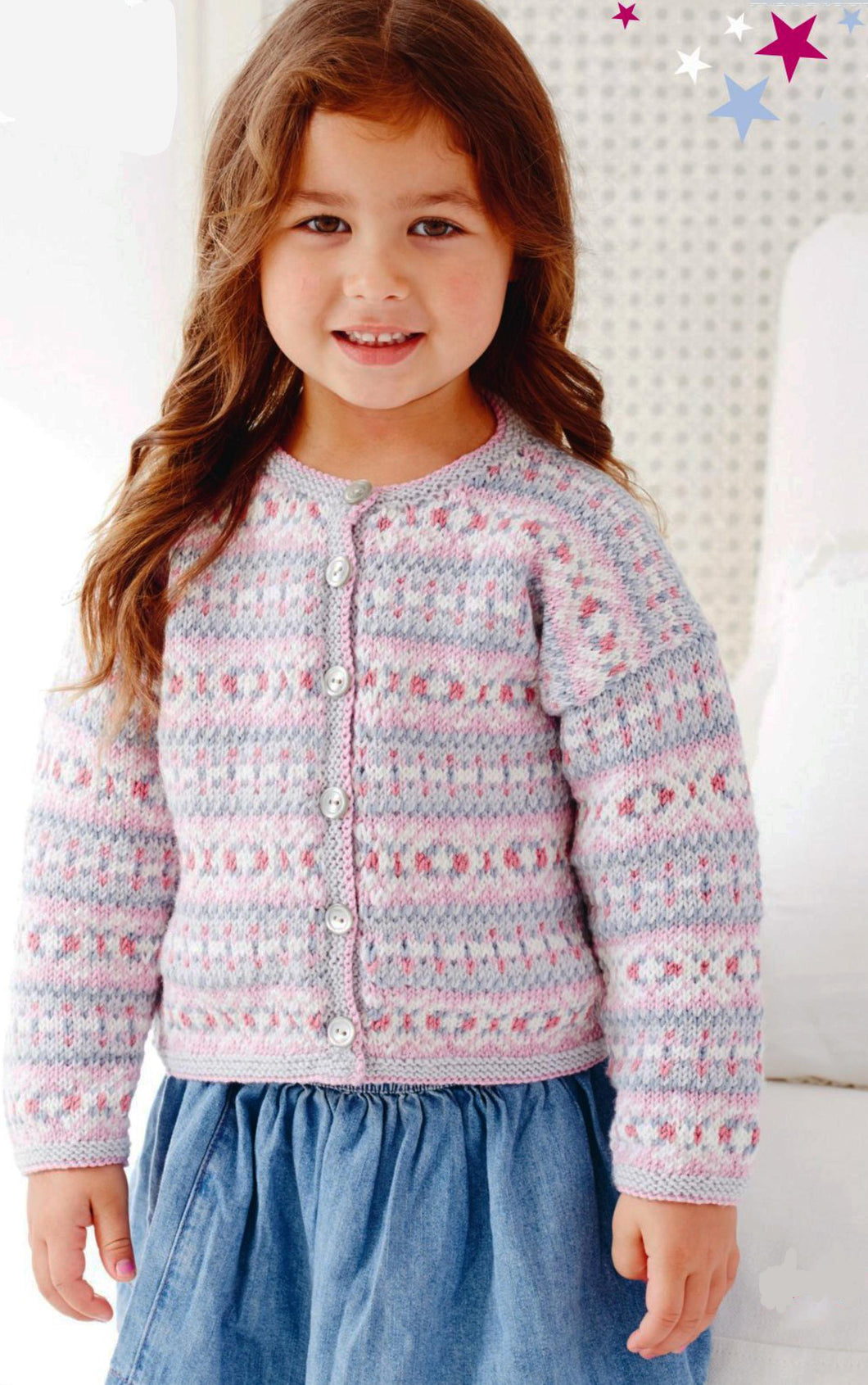 Girl's Fair Isle  Round neck Drop sleeve Cardigan DK 8Ply - Plus chunky hat  size 3 - 8 years  (28