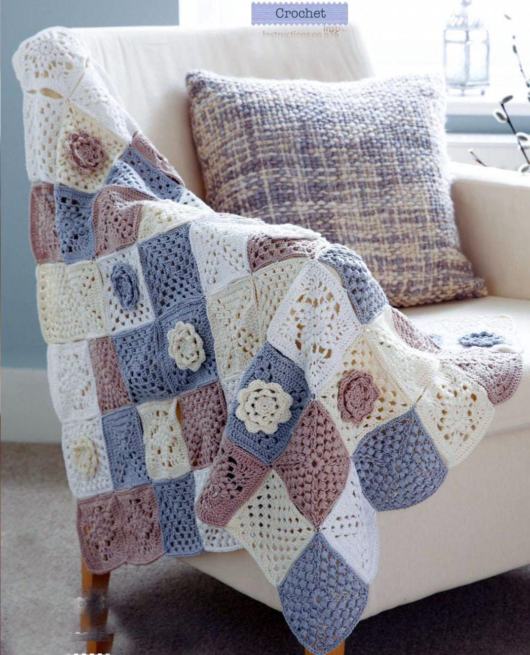 Crochet  Baby Blanket- Granny squares- Italian squares- Puff st Squares Pattern Cotton DK 8ply wool- Crochet pattern download PDF- English