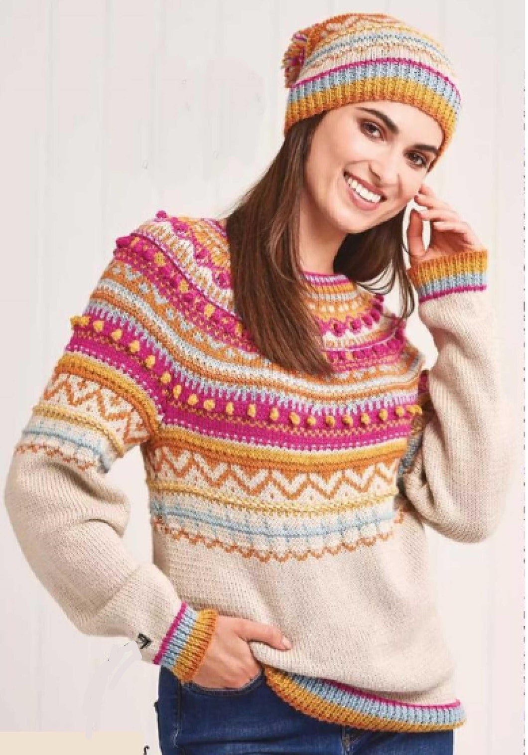 Woman's colorful Fair Isle Yoked Bobbled Sweater & Matching hat  Knits -Bust71-117 cm DK 8 Ply   Wool PDF Download Knitting Pattern