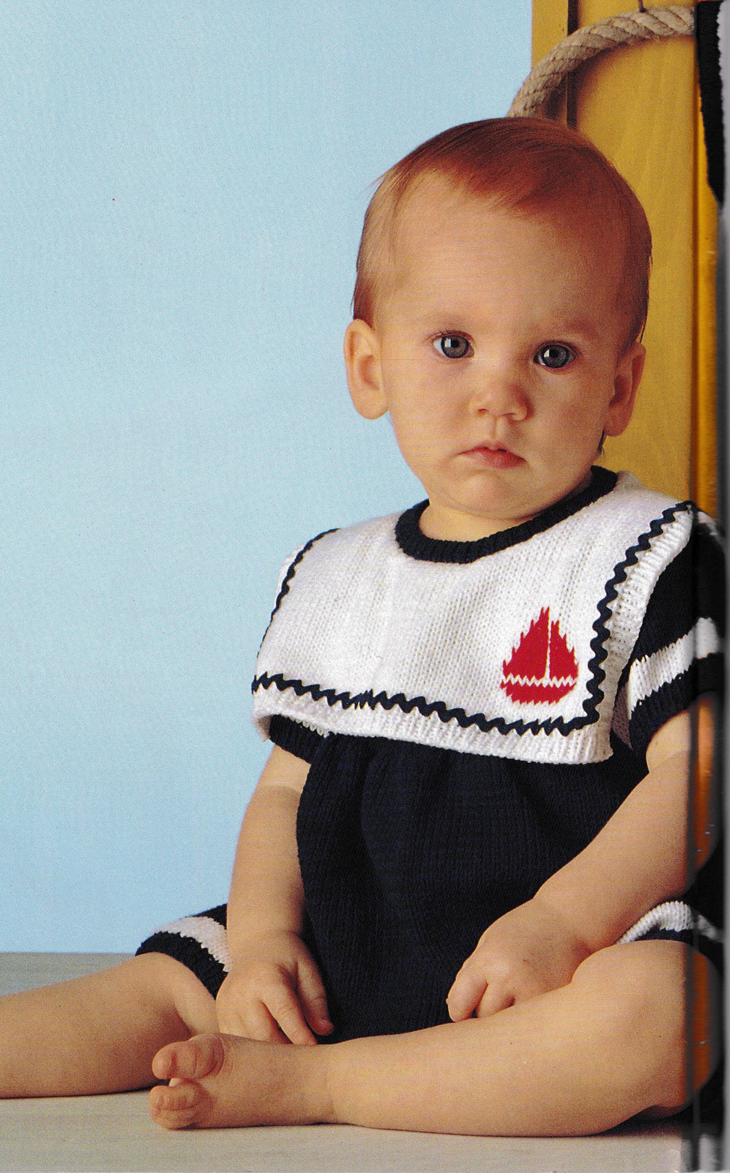 Stripey Sailor suit Romper Pattern- Boys Girls Round sailor neck 4ly Fingering 3 months -18 months ~  Knitting pattern PDF Vintage download