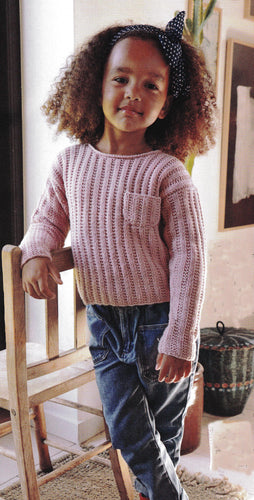 Boy's Girl's  Rib Jumper Sweater round neck with pocket Aran ( 10Ply) Worsted wool  size 98-128 cm Knitting Pattern Download Pdf