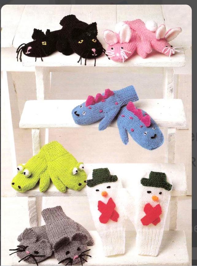 Childs Novelty Animal Mittens  to knit- cute- frog-rabbit-mouse-snowman-dinosaur-cat DK 8 ply Knitting Pattern- PDF Instant Download