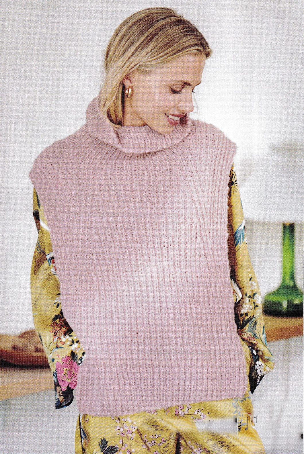 Women's Roll Neck Sleeveless Slipover Sweater Vest-Half Brioche Rib design aran- 10 ply Worsted Wool Knitting Pattern PDF download