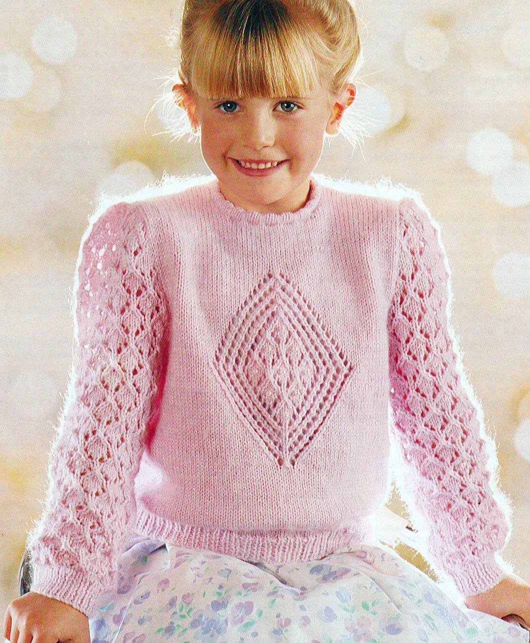 Girls Diamond Sweater Lace set in Sleeves Round Neck  DK (8ply)  Light worsted Fits 20