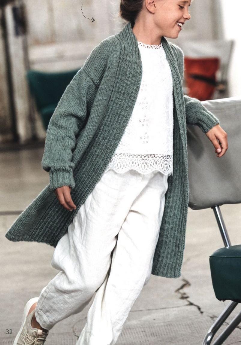 Girls Edge to Edge Long Loose fits Cardigan -Coat Knitted Flat - sizes 128 - 146 Cm ~Worsted 10 Ply Aran yarn- Knitting Pattern Download PDF
