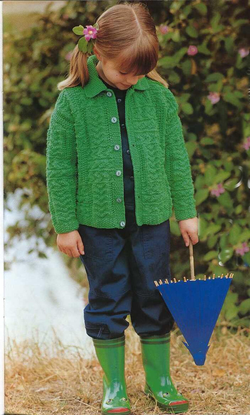 Girls Textured Round Neck Cardigan Jacket with collar & Moss stitch Bands 2-8 yrs ~ DK 8 Ply Light Worsted Knitting Pattern pdf Download