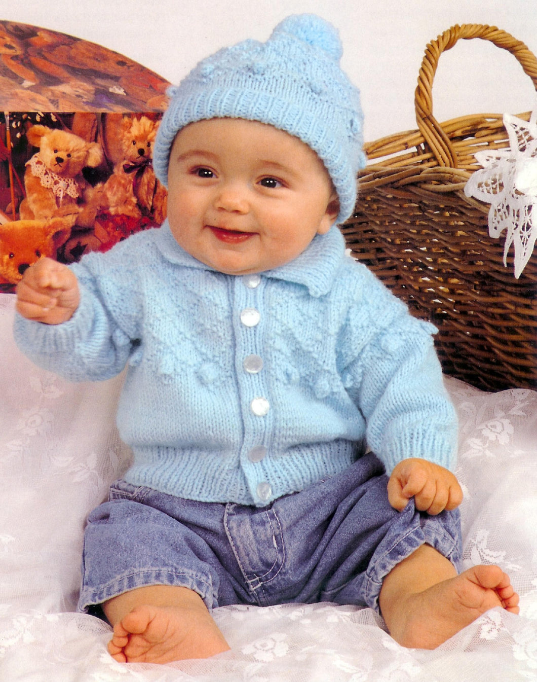 Baby Textured Cardigan with collar & Matching Hat Boys Girls Toddler DK ( 8PLY ) Yarn Fits 16