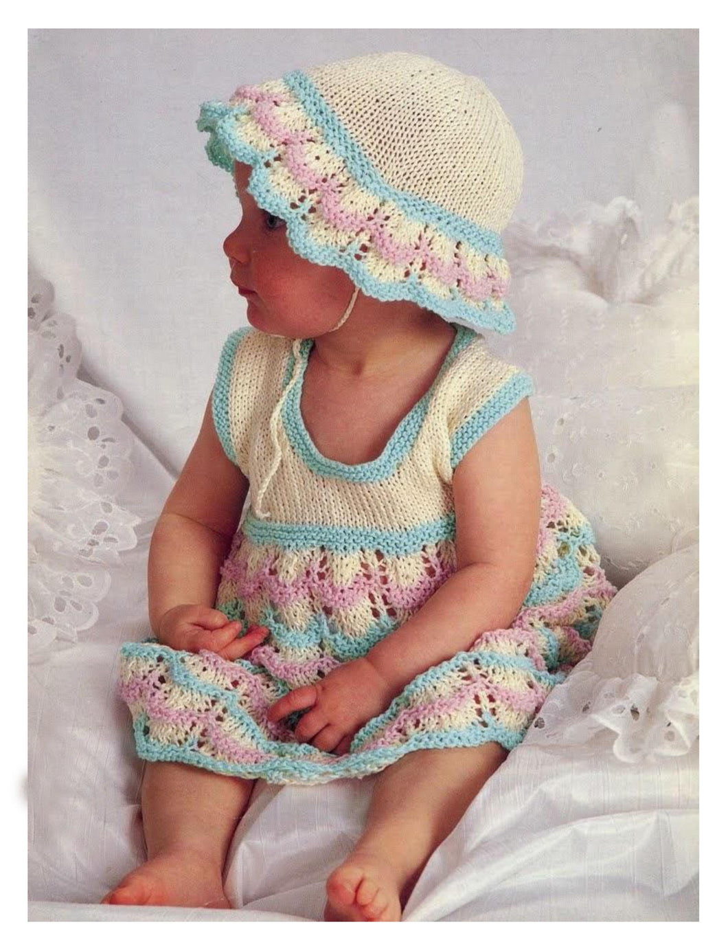 Little Girls Lacy Summer Dress & Sun Hat Knitting Pattern Fits 20 - 24