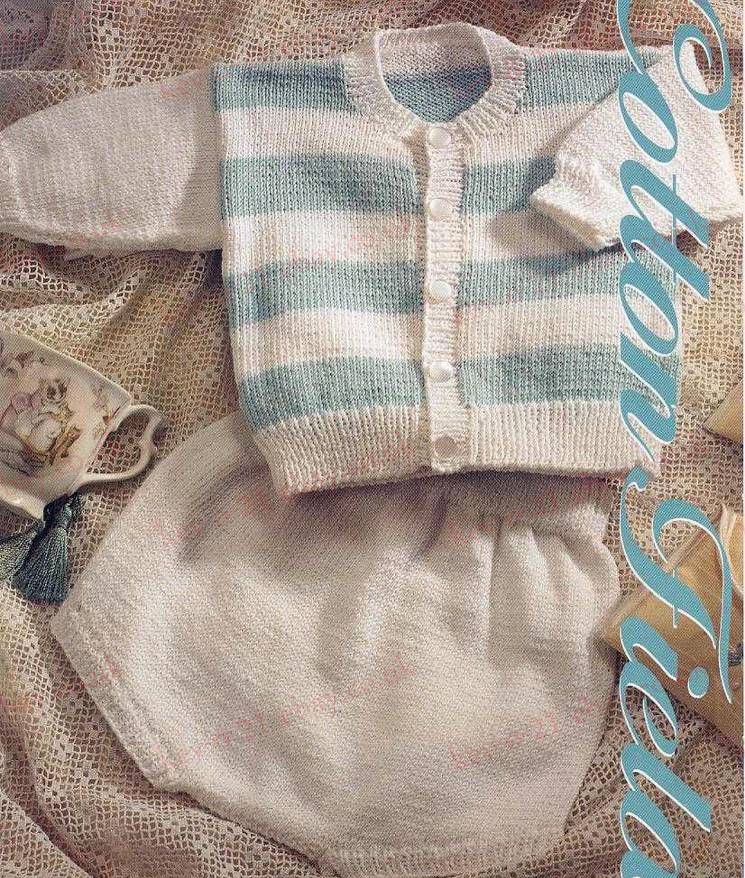 Easy Knit Baby Stripe Round Neck Cardigan with Pants - Sizes 14
