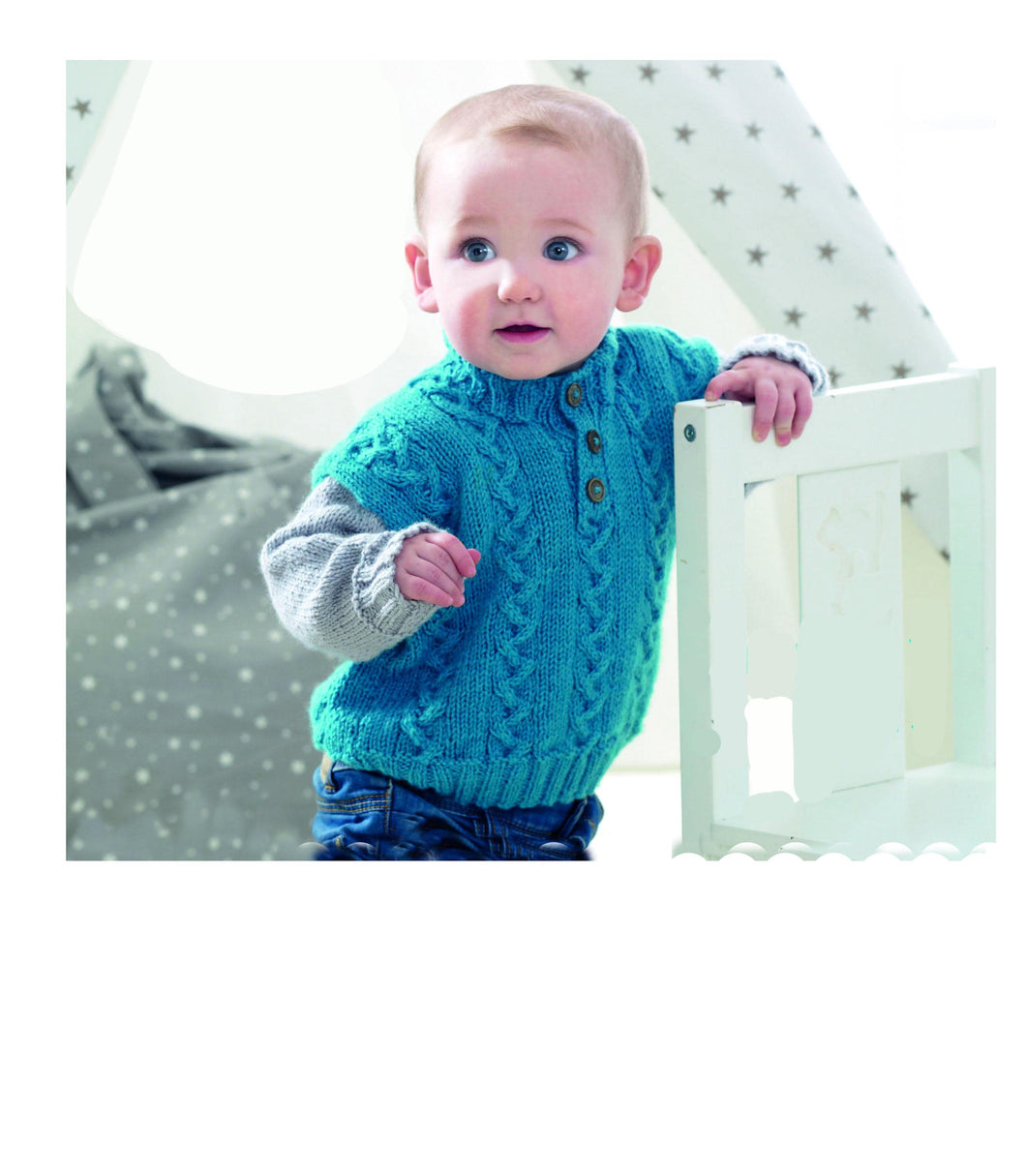 Baby-Toddler Sleeveless Sweater Slipover- cable high neck DK 8 Ply- Light worsted Knitting pattern download- Fits 20