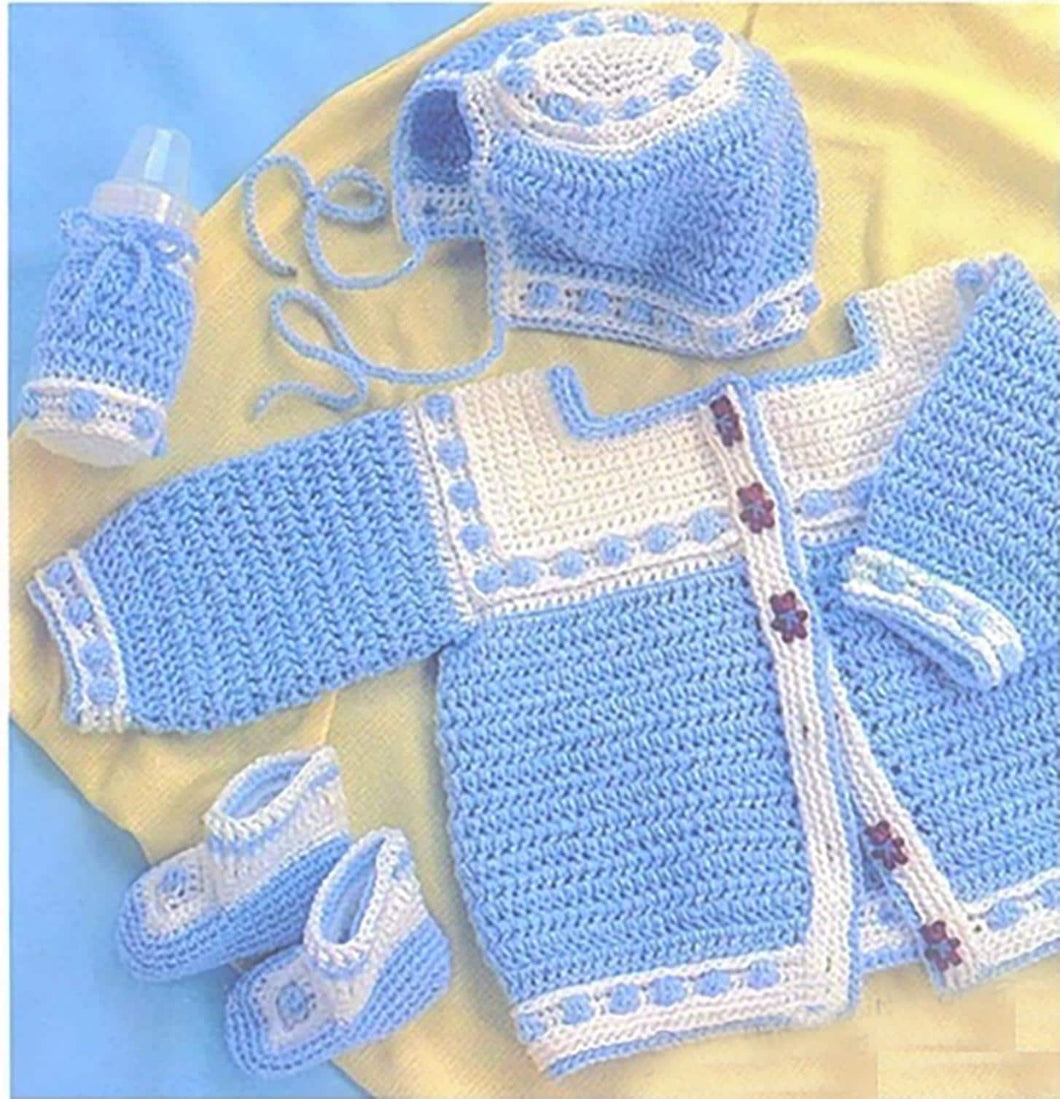Baby Gingham Blueberry Cluster Stitch Cardigan Bonnet Boots Bottle Cover Crochet Pattern Download PDF= Vintage Crochet Pattern