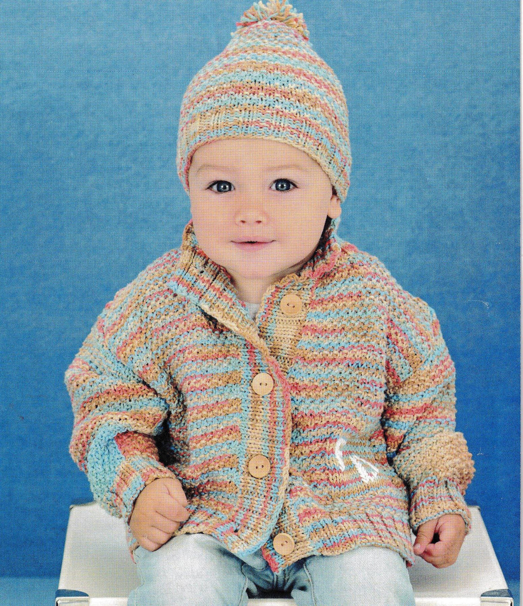 Boy's Girl's Baby Jacket Cardigan-Beanie Hat in Double Moss stitch -18