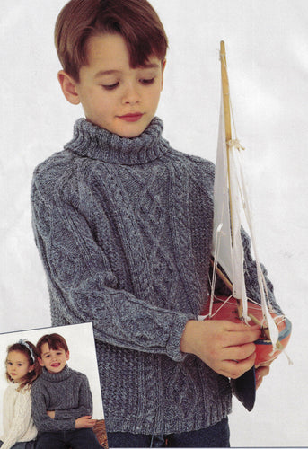 Boy's -Girl's Raglan Aran Style Sweater-  Jumper Turtle Polo Neck Knitting pattern in DK 8Ply  22
