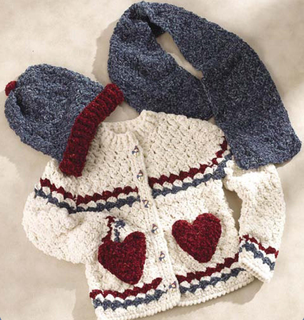 Girl's Crochet Cardigan with Heart pockets -Hat & Scarf DK Download PDF 25