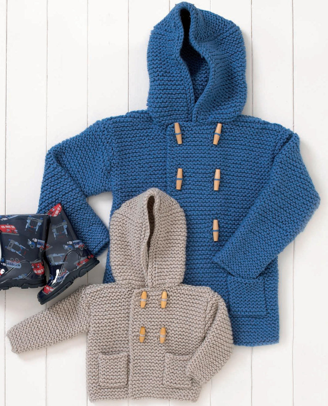 Quick Knit Baby Toddler Easy Garter stitch Duffle Jacket with hood- Pockets Chunky Bulky 12 ply