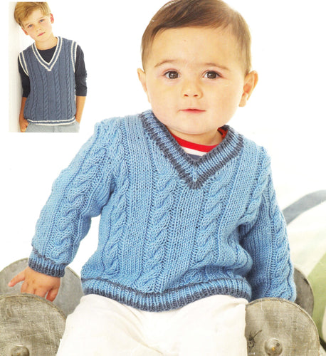 Boys V Neck Cricket style Cable Rib Jumper Sweater & slipover Tank top  Knitting pattern- DK (8ply) Chest  16-26