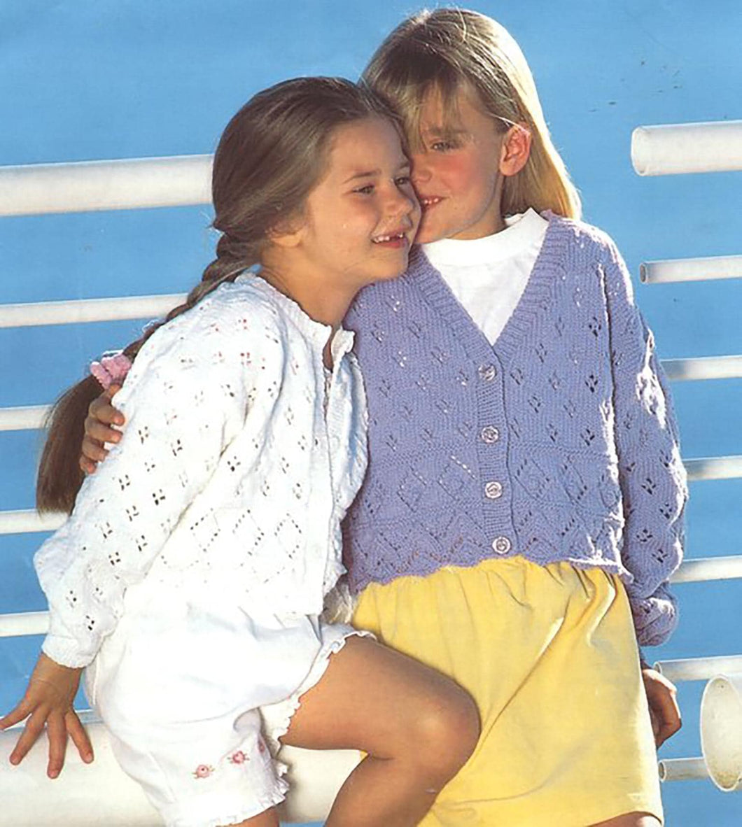 Girls lacy  eyelet Cardigans Round & V neck styles- Scalloped hem  in 8ply- DK light worsted Yarn  22-30