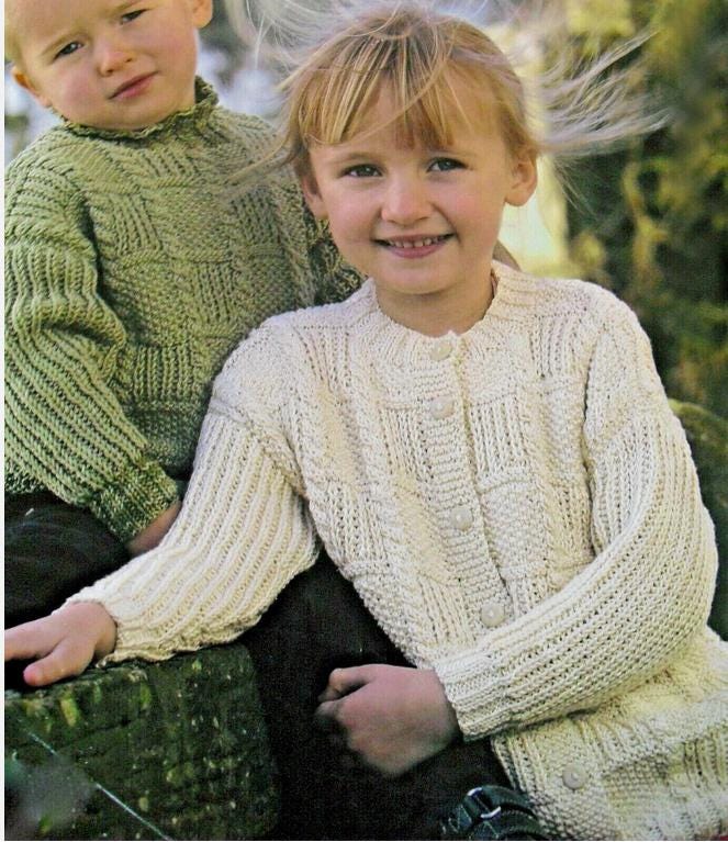 Child's Aran style Sweater & Cardigan- Textured squares -Rib Knitting Pattern- DK (8Ply) Cotton Download-22-32