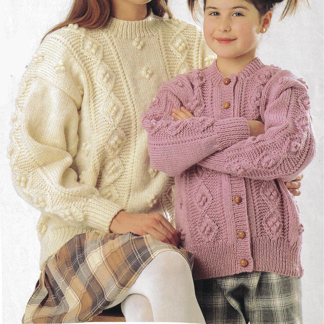 Woman's Child's Aran Cable Bobbles  sweater Jumper & Cardigan Chest 24