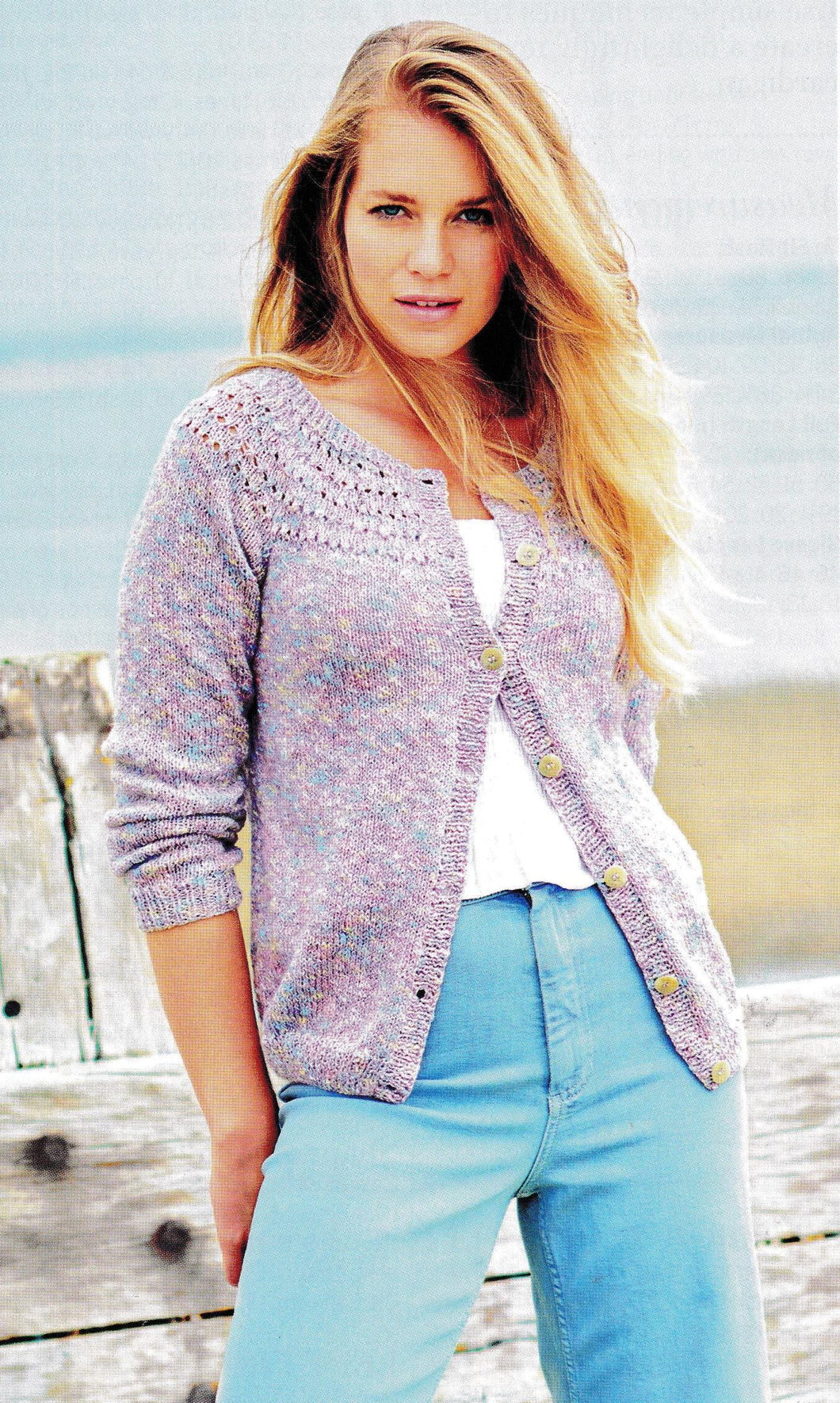 Ladies  Lace Yoke Cardigan Bottom Up knit-  Round neck and Fits 32