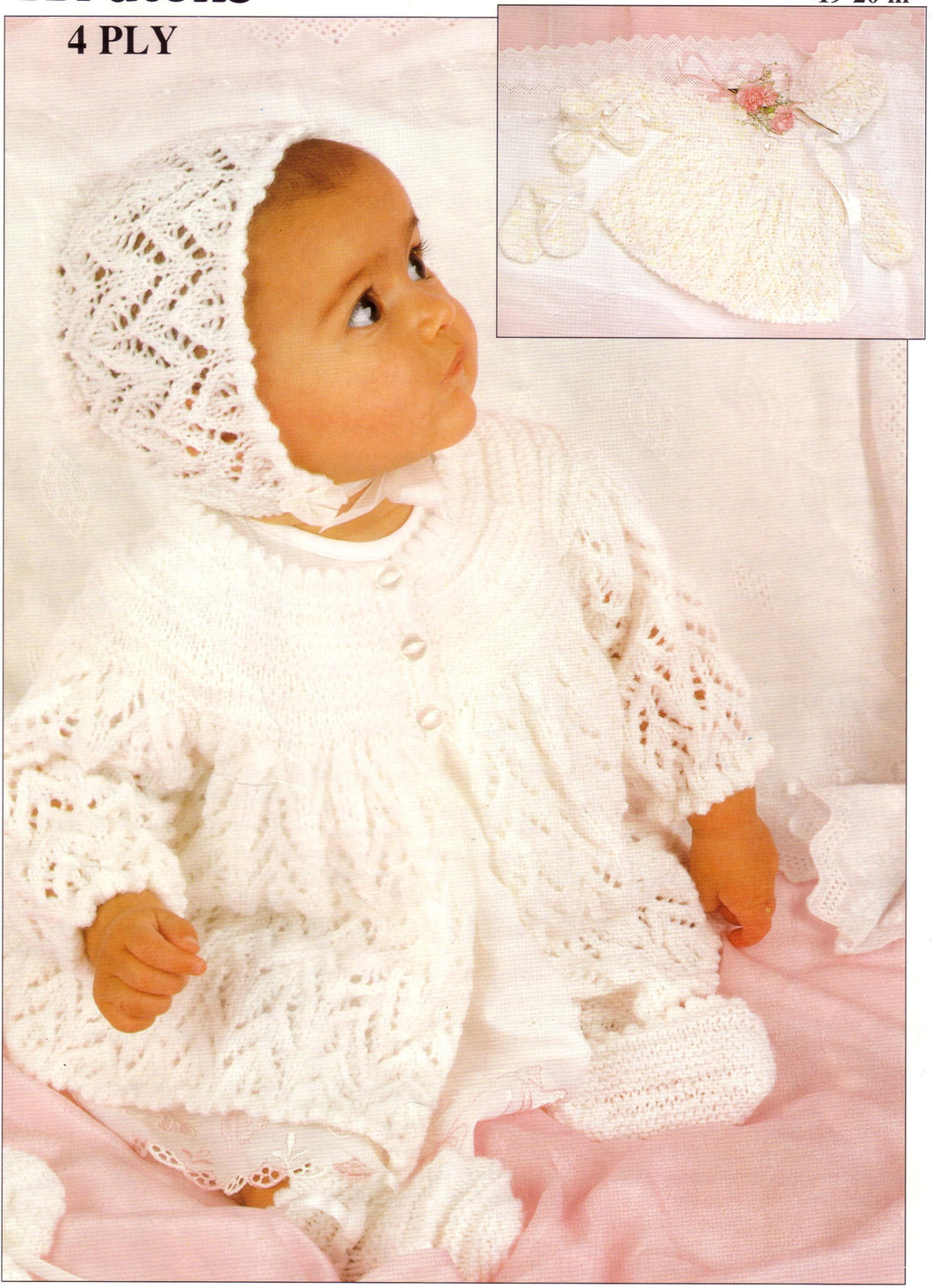 Baby Lacy Yoked Matinee Jacket- Cardigan Hat Bootees & Mitts  4 ply Fingering Knitting Pattern Download PDF 18 - 20