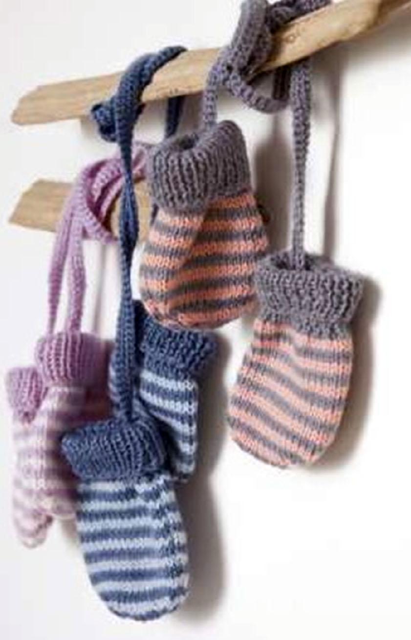 BABY Stripe Mitts Knitted flat 2 Needles~ Fine Merino 4 ply baby wool- sized 3-6 months Knitting Pattern PDF Download- Use up that odd yarn