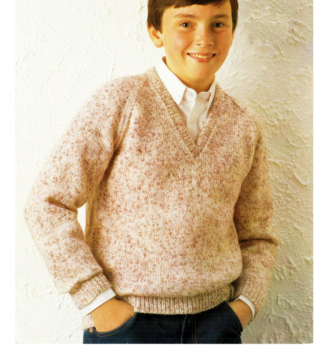 Boys Classic Raglan Sweater-V neck- Jumper Traditional easy knit  Knitting Pattern -DK  8 Ply ( Light Worsted weight) Download-32-38