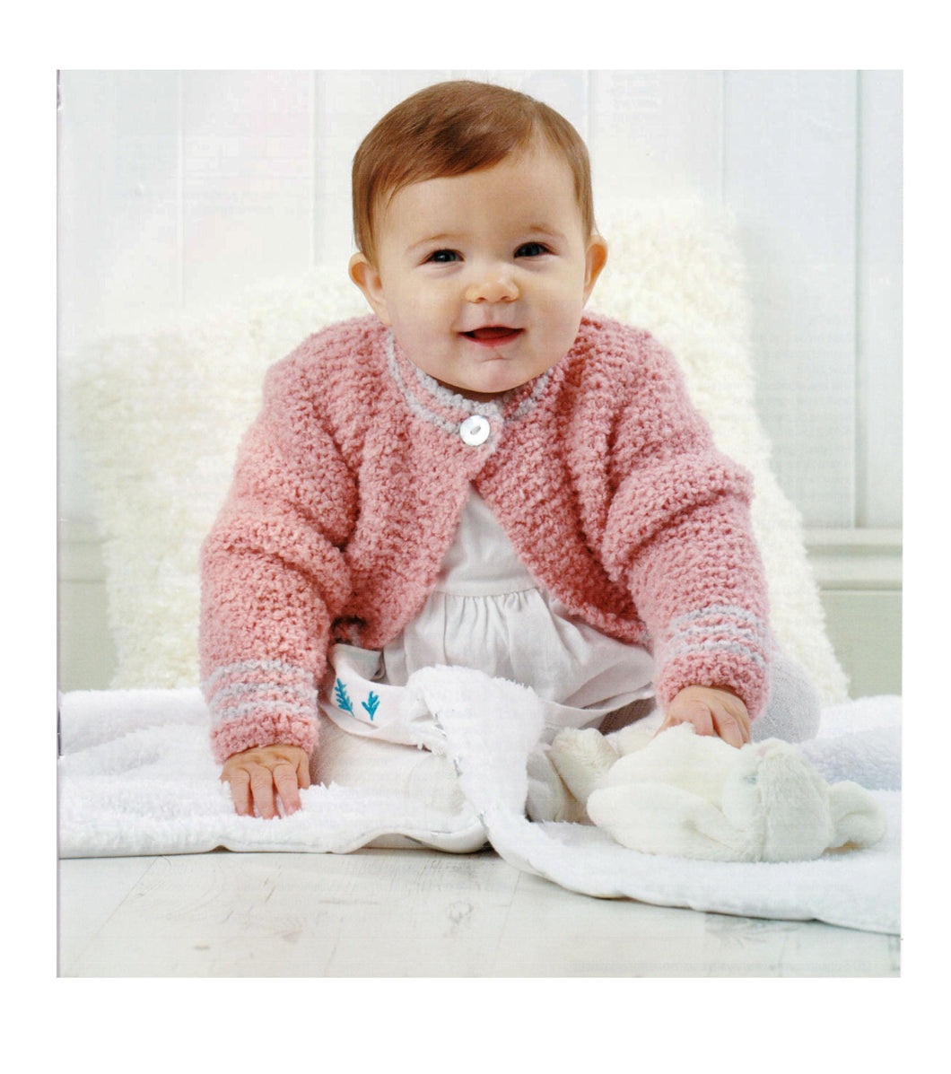 Easy Beginner Boucle Cardigan Jacket Garter Stitch Stripe Trim 0- 2 yrs 16 - 22