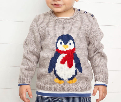 Boys Penguin Christmas Sweater Button shoulder  Children Knitting Pattern Aran 10 ply Worsted Wool Fits 6m 48m Knitting Pattern PDF download