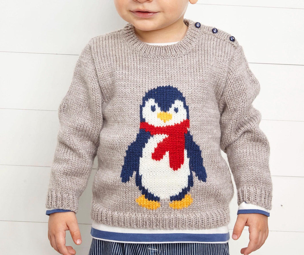 Boys Penguin Christmas Sweater Button shoulder  Children Knitting Pattern Aran 10 ply Worsted Wool Fits 6m 48m Knitting Pattern PDF download
