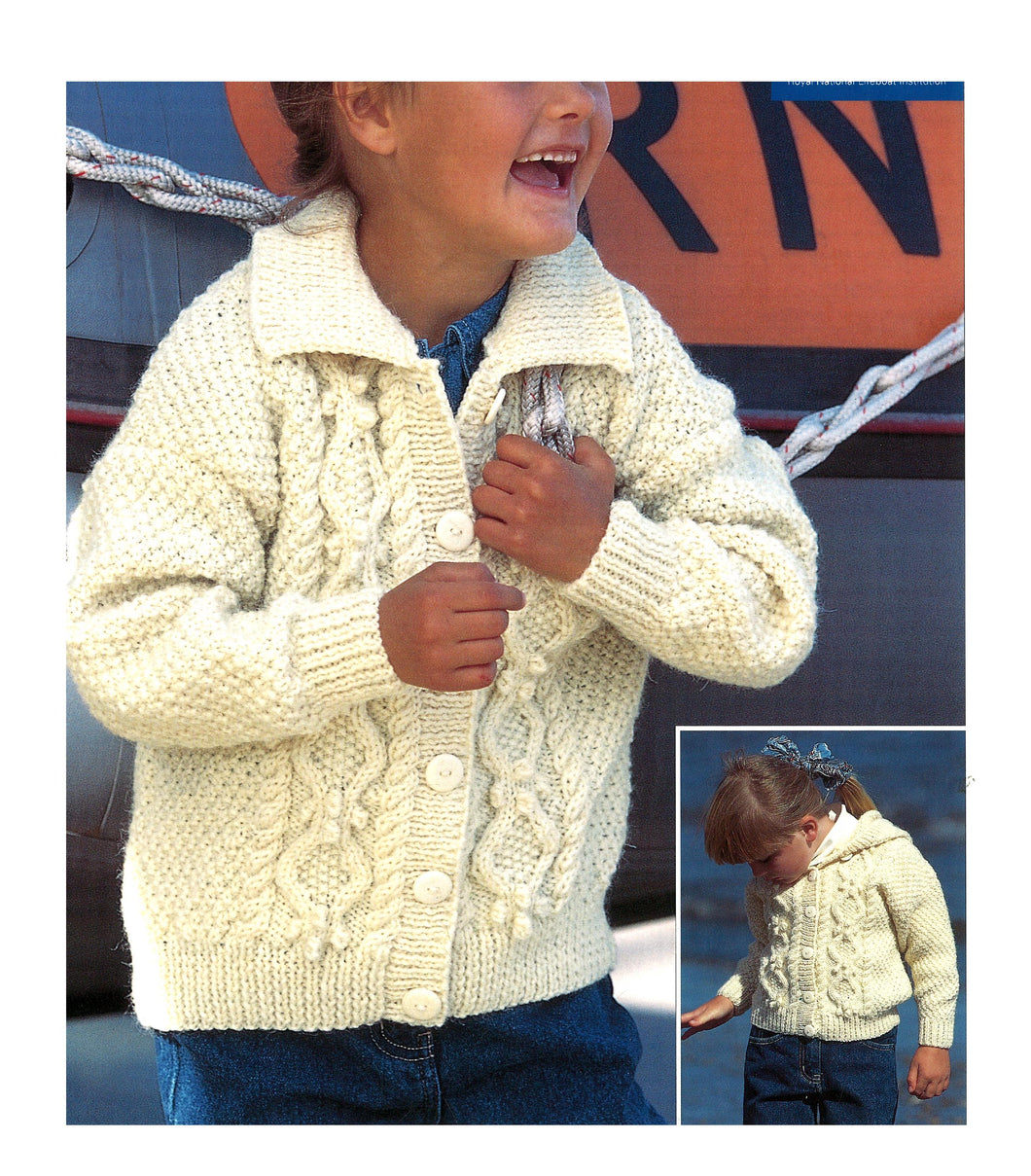 Child's Easy Cable Cardigan with collar & Hooded Jacket Boy- Girl- Knitting Pattern - Aran 10 PLy Worsted -18-26