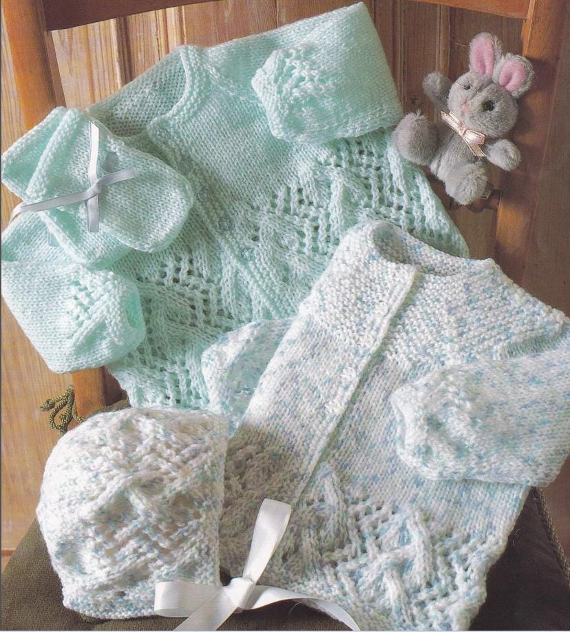 Baby Girl's Raglan & Yoked Cardigans- lacy borders- Hat- Mitts- Knitting pattern - fits 16 - 22