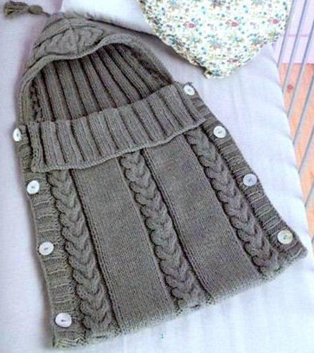 Baby Cable Sleeping bag ~ cocoon- Button sides with hood  Aran 10 ply Worsted  wool Knitting Pattern Download PDF