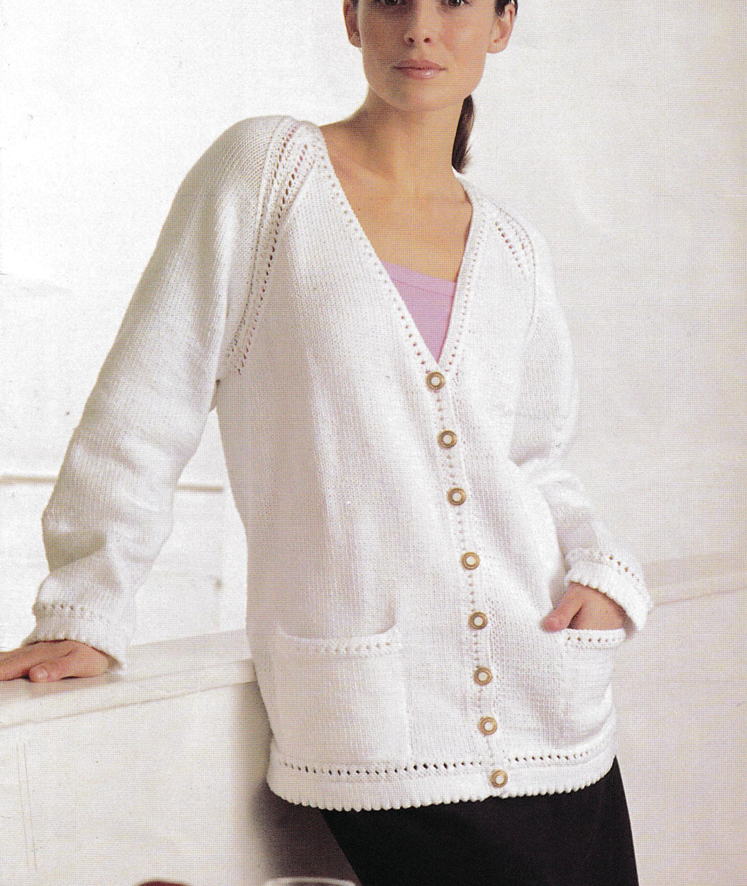 Woman's Picot Hem Raglan Cardigan - V Neck- With Pockets in Cotton  DK (8PLY) 34 - 42