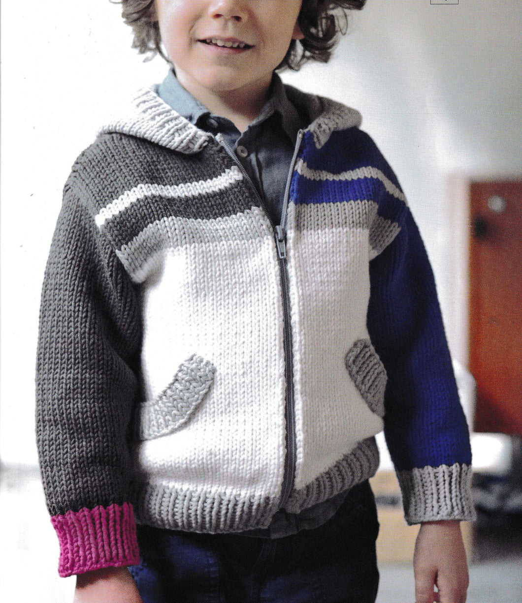 Easy Boys round neck Stripe Zipped Hooded Jacket with pocket -2-10 years Aran 10 Ply Worsted -  Knitting Pattern PDF Digital Download