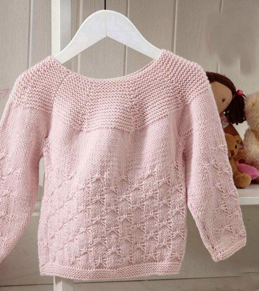 Girls Garter Stitch Yoked Bow Sweater Jumper -  Birth- 3 Years DK 8 Ply Light Worsted Knitting Pattern PDF download- Knitted flat to yoke