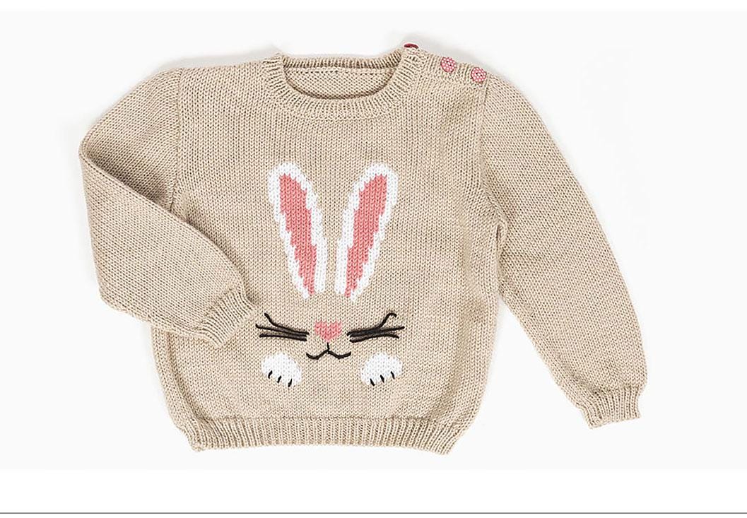 Rabbit Motif Round Button Neck Sweater Jumper  Fits 12-48 Months ~ DK 8 Ply Light Worsted Knitting Pattern pdf download Boys Girls Knitting