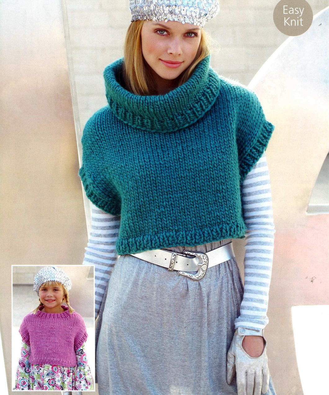 Woman's Girls Easy knit- sleeveless Jumper Round-Polo necks ~ Super Chunky- Super Bulky 14 Ply  yarn 24-46