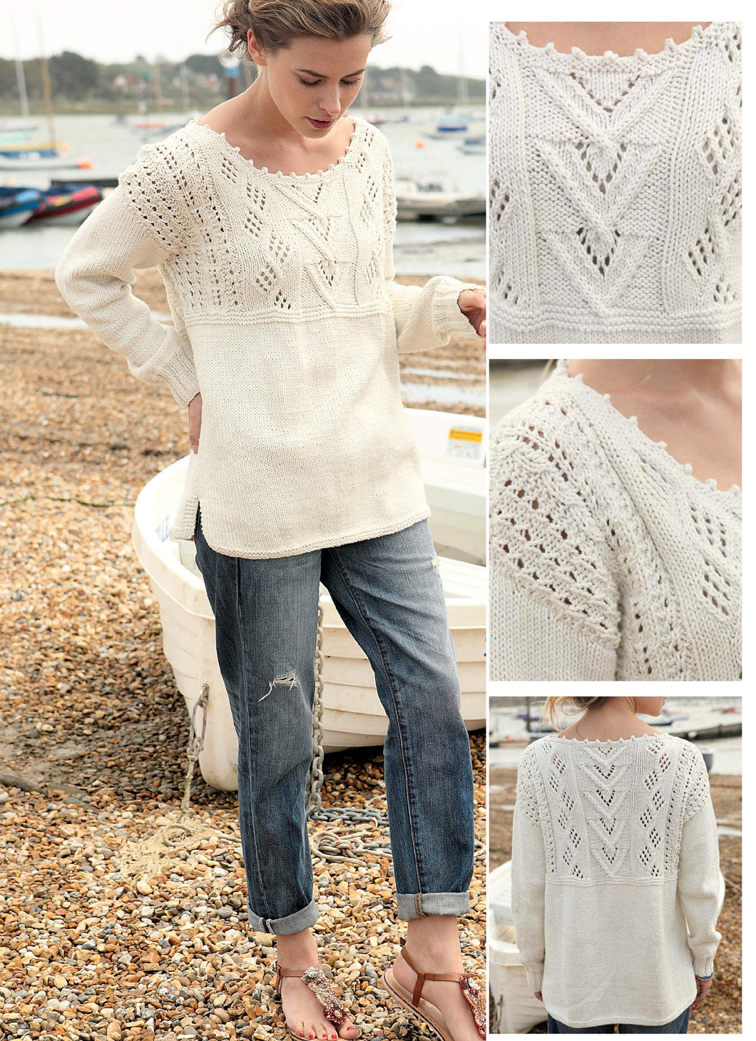 Woman's Patterned Lace Yoked Sweater Jumper Picot Neck  32