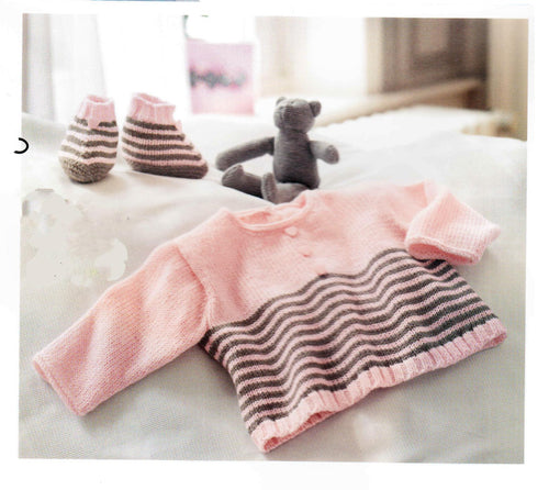Baby Girl Easy Knit Long sleeved Stripe Sweater & Slippers- Premature-6 months 4 ply Fingering Yarn Knitting pattern Download PDF-