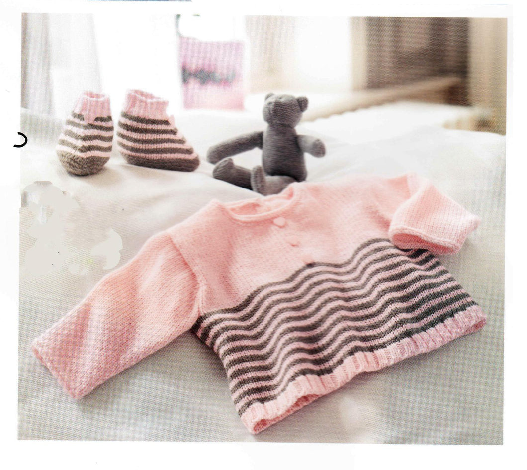 Baby Girl Easy Knit Long sleeved Stripe Sweater & Slippers- Premature-6 months 4 ply Fingering Yarn Knitting pattern Download PDF-