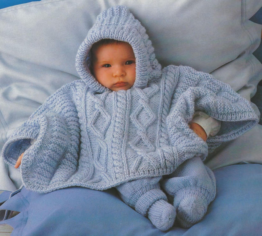 Hooded Loose Fit Cable Poncho  Fits 3 months-18 months Aran 10 ply Worsted Knitting Pattern PDF Download